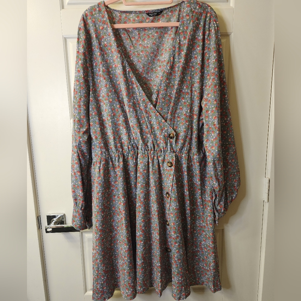 SHEIN Curve 4XL Blue Red Floral Long‎ Sleeve Dress